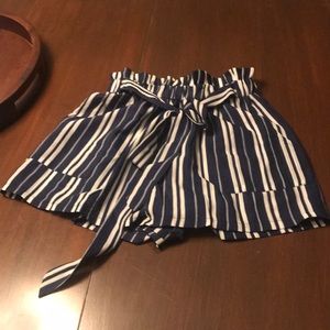 Blue and white stripe paper bag shorts